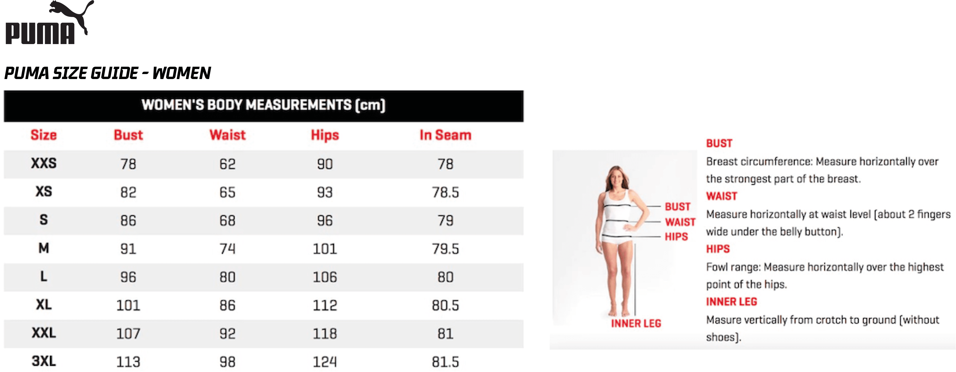 Puma Womens Size Guide