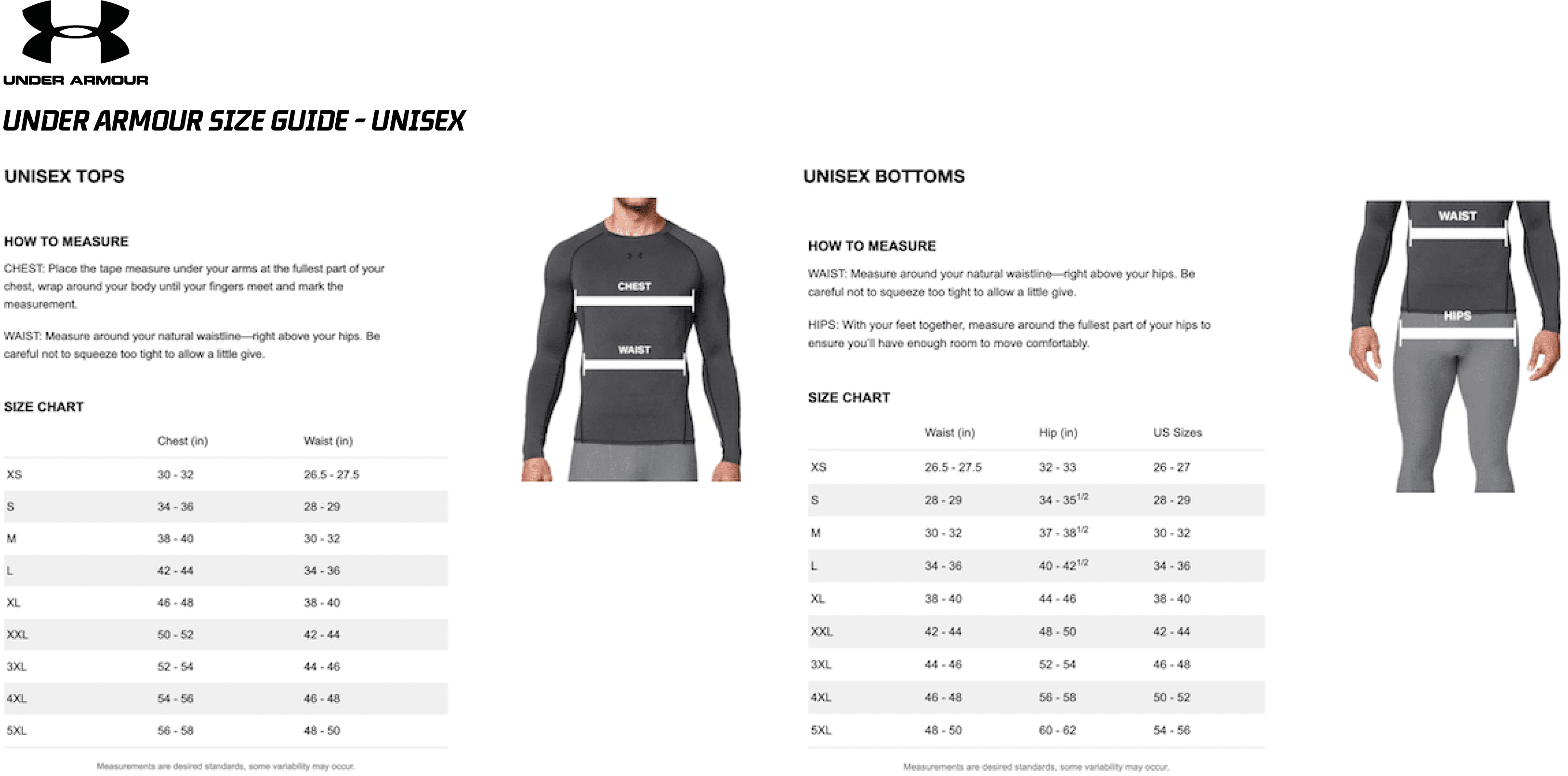 Under Armour Unisex Size Guide